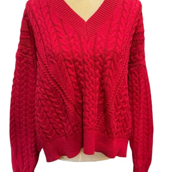 Lumiere Red Cable Knit Fisherman Sweater Size Large Thick Chunky V-Neck Boxy - Picture 2 of 9